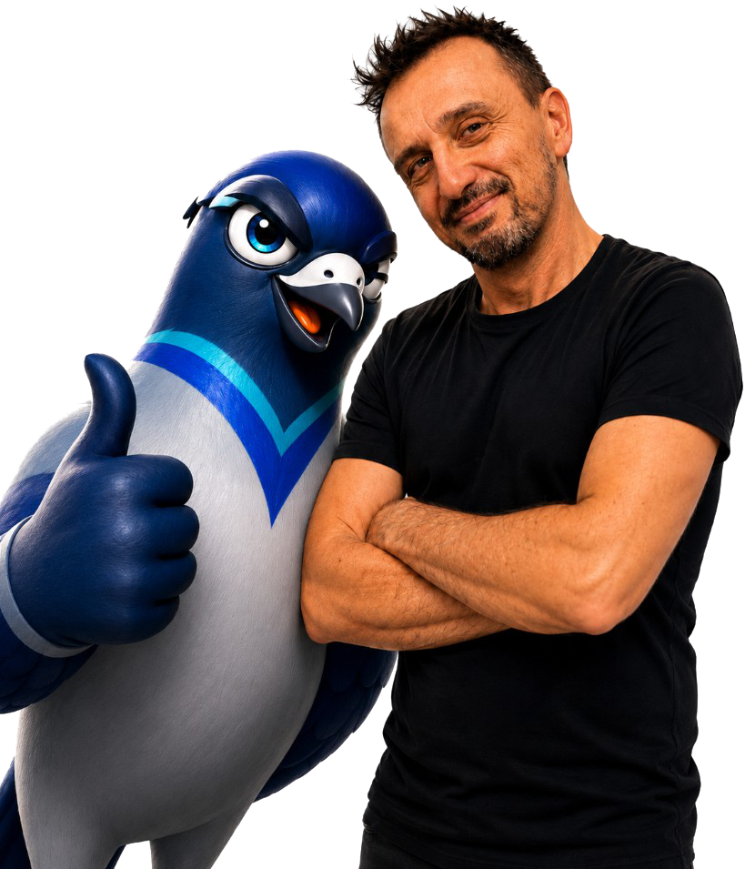 Fabio Pucci, founder of PostPronto, with the pigeon mascot